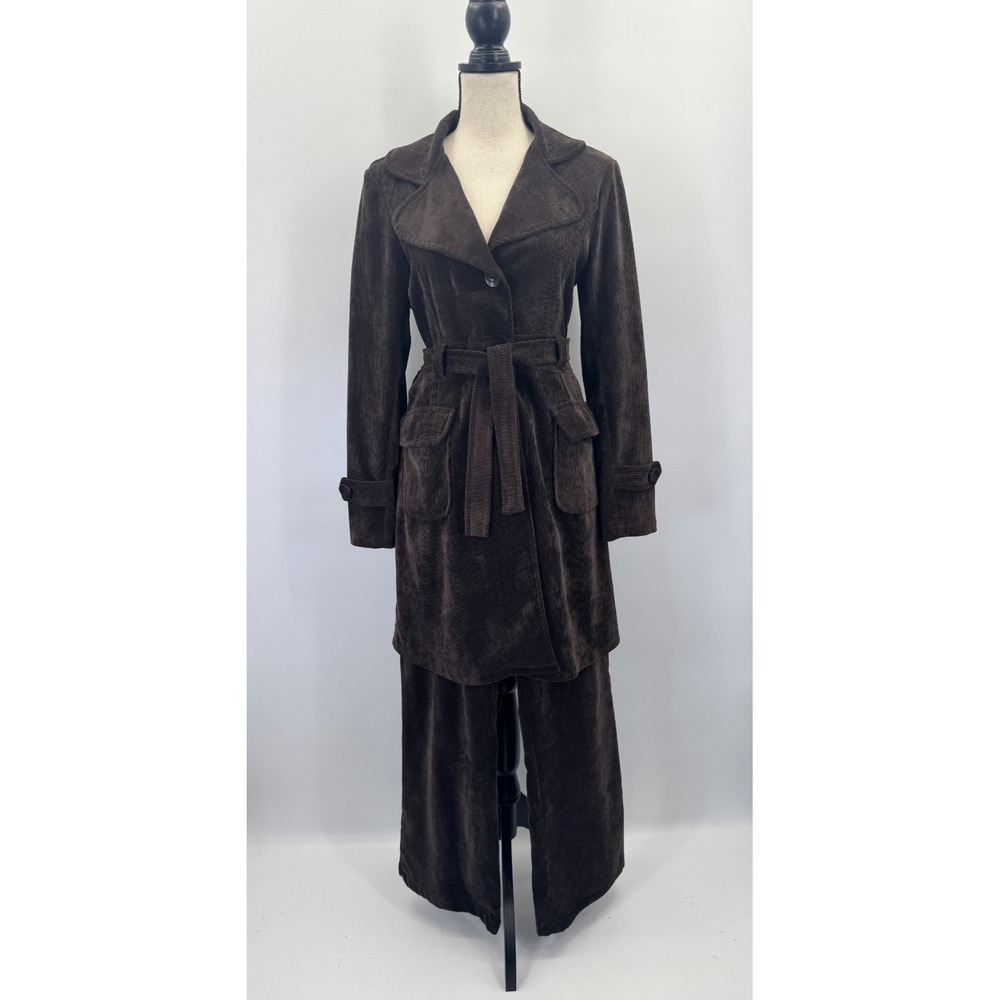 VTG Auth 1980s Chocolate Corduroy Wide Leg Pant Suit Long Line Coat 42 Large 12